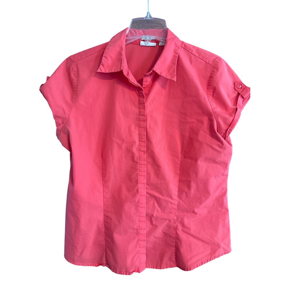 Liz Claiborne Women Coral Pink Stretch Short Sleeve Button Down Shirt Top Size L